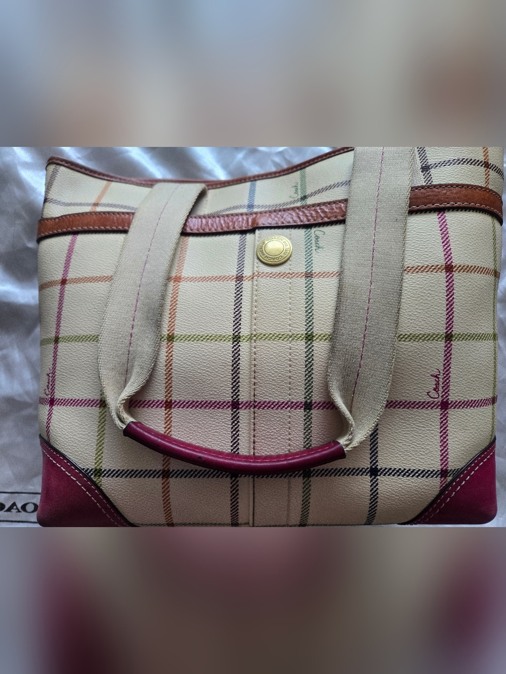 COACH Tattersall Pink/Cream Tote - Picture 2 of 6